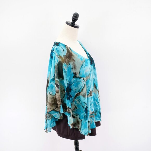 Zac & Rachel Teal Gray Floral V-Neck Ponco Flutter Sleeveless Blouse Top XL Poly - Picture 7 of 9